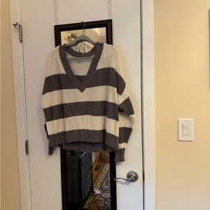 American Eagle Outfitters V-Neck Sweater - Gray and Cream Stripes